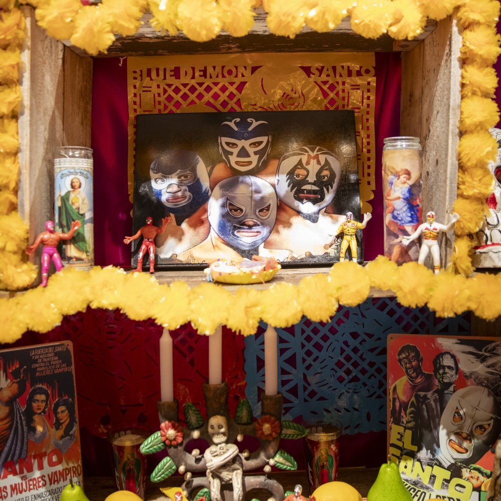 Photo details of Dia de los Muertos altar featuring luchadores.