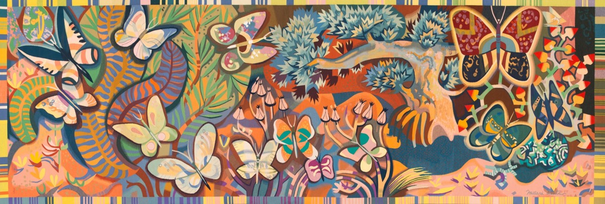 This wool tapestry was made using traditional French tapestry techniques. It is brightly colored and features butterflies, trees, and plants. In the left corner there is a person sitting down enjoying the natural landscape.