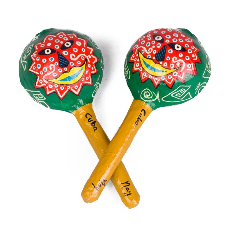 This pair of maracas has a yellow handle. Its head it green with white geometric designs, and a red face.