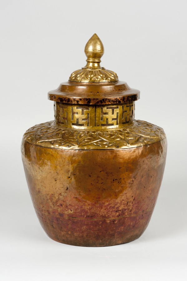Tea Vessel - Sangce(detail), 18th Century, Tibet, Copper. Collection Mingei International Museum. Museum Purchase. Photo by Tim Siegert. 2011-08-003A-B.