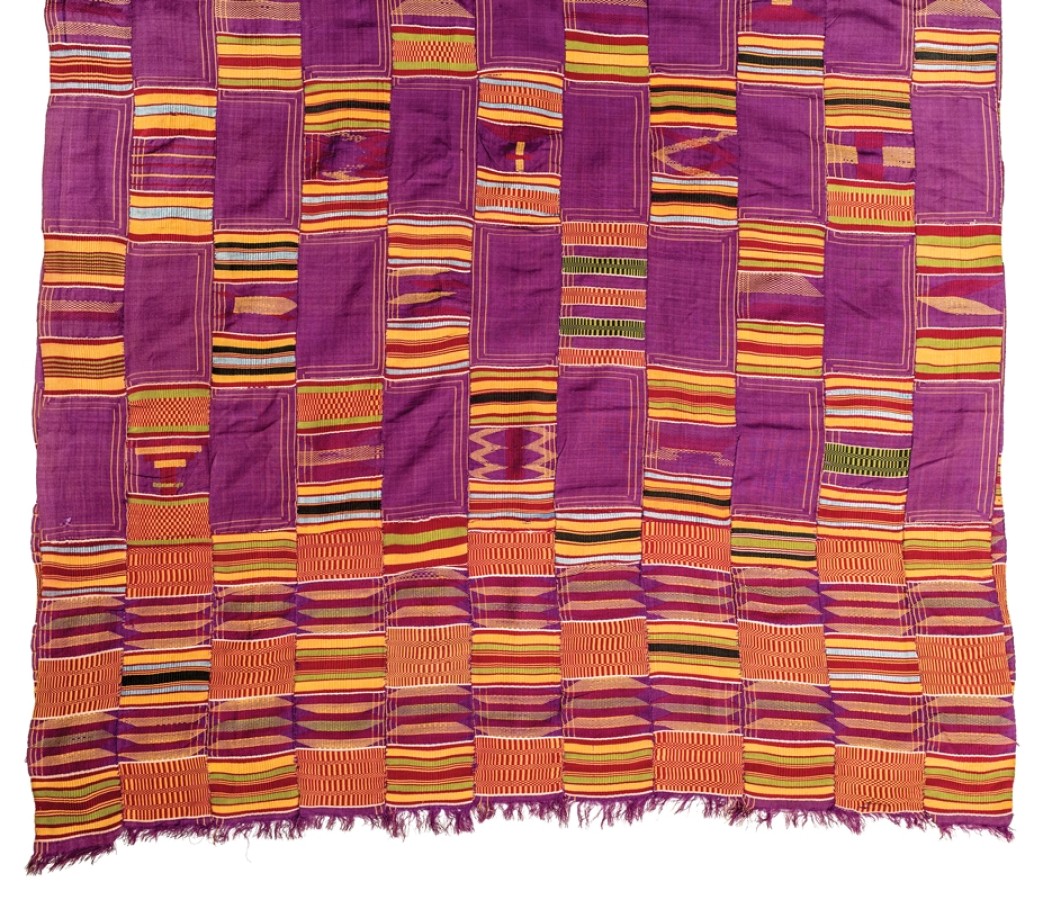 Kente cloth is the best known of all African textiles, identified by its dazzling, multicolored patterns of geometric shapes in bold designs. This cloth is woven in continuous narrow strips that are cut and pieced together to make large cloths. The base of this all-silk cloth (the stable warp to which the weft is added) is  purple, as is every other block of the upper portion. The warp disappears from view in the bottom portion, where the weft threads cover it entirely.