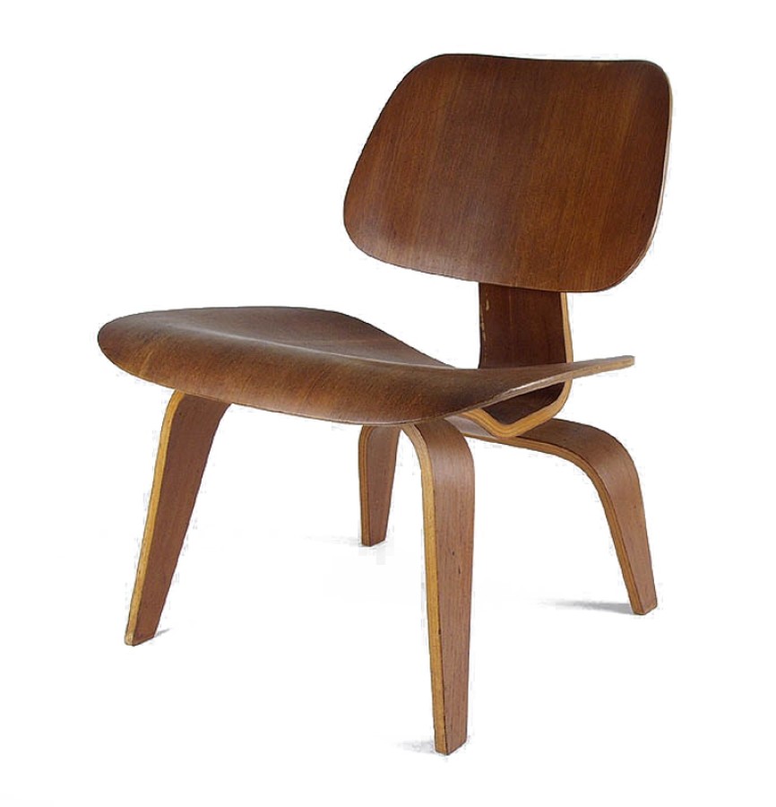 This chair is made with molded plywood. It is plain, no designs, and its feet, seat, and back are curved.
