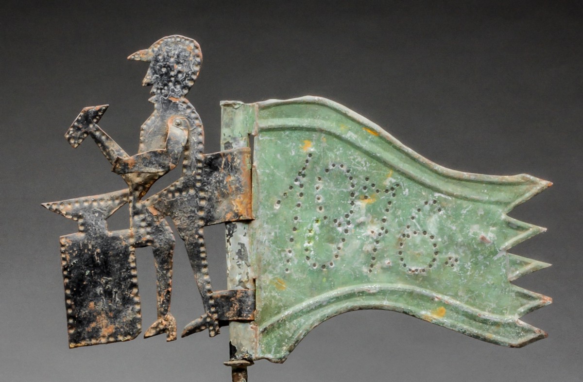 Folk Art Tinsmith's Banner Weathervane (detail), unidentified maker, 1876, northern Europe, weathered painted tin, iron and wood. Collection Mingei International Museum. Museum purchase.  2015-01-006