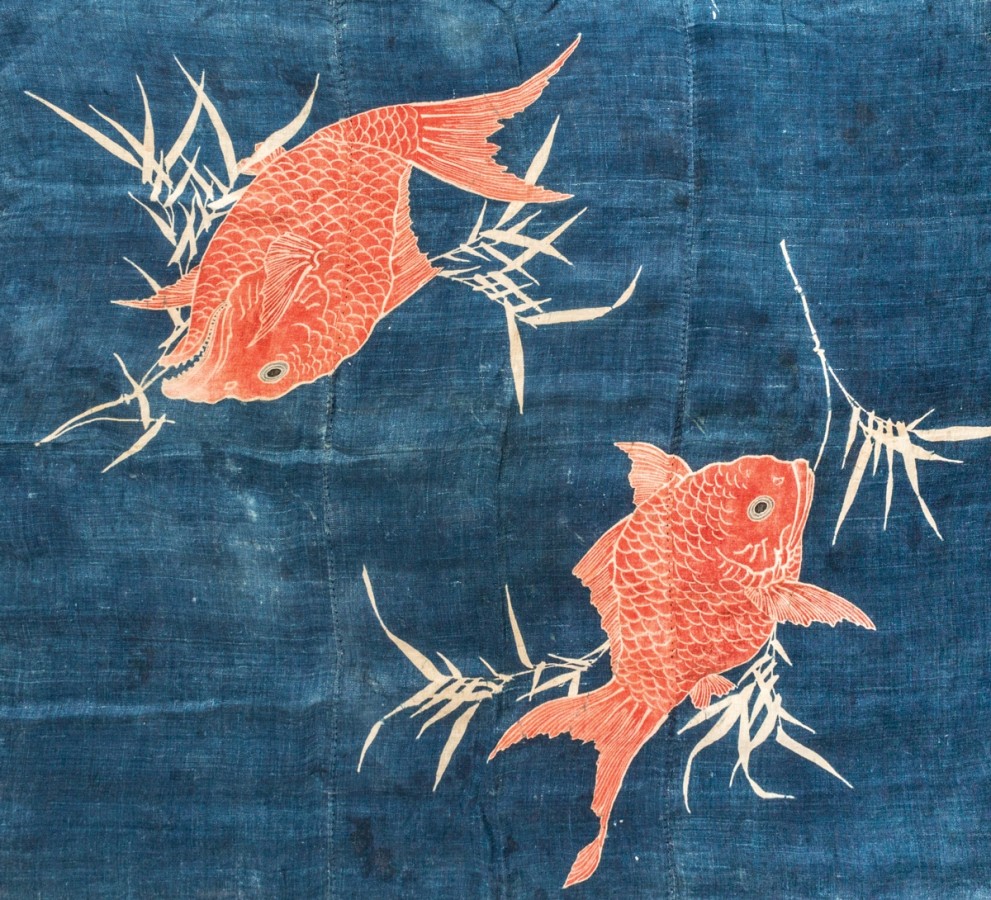 Wrapping Cloth (Furoshiki) (detail), unidentified maker, 19th century, Okinawa, Japan, hemp (asa), indigo, pigments. Collection Mingei International Museum. Gift of Barb Rich.  2014-11-063