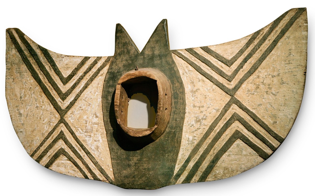 Butterfly Dance Mask (detail), date unknown, Burkina Faso, Bwa Culture, carved and painted Lenke wood, cotton fibers. Collection of Mingei International Museum. 1996-89-001.