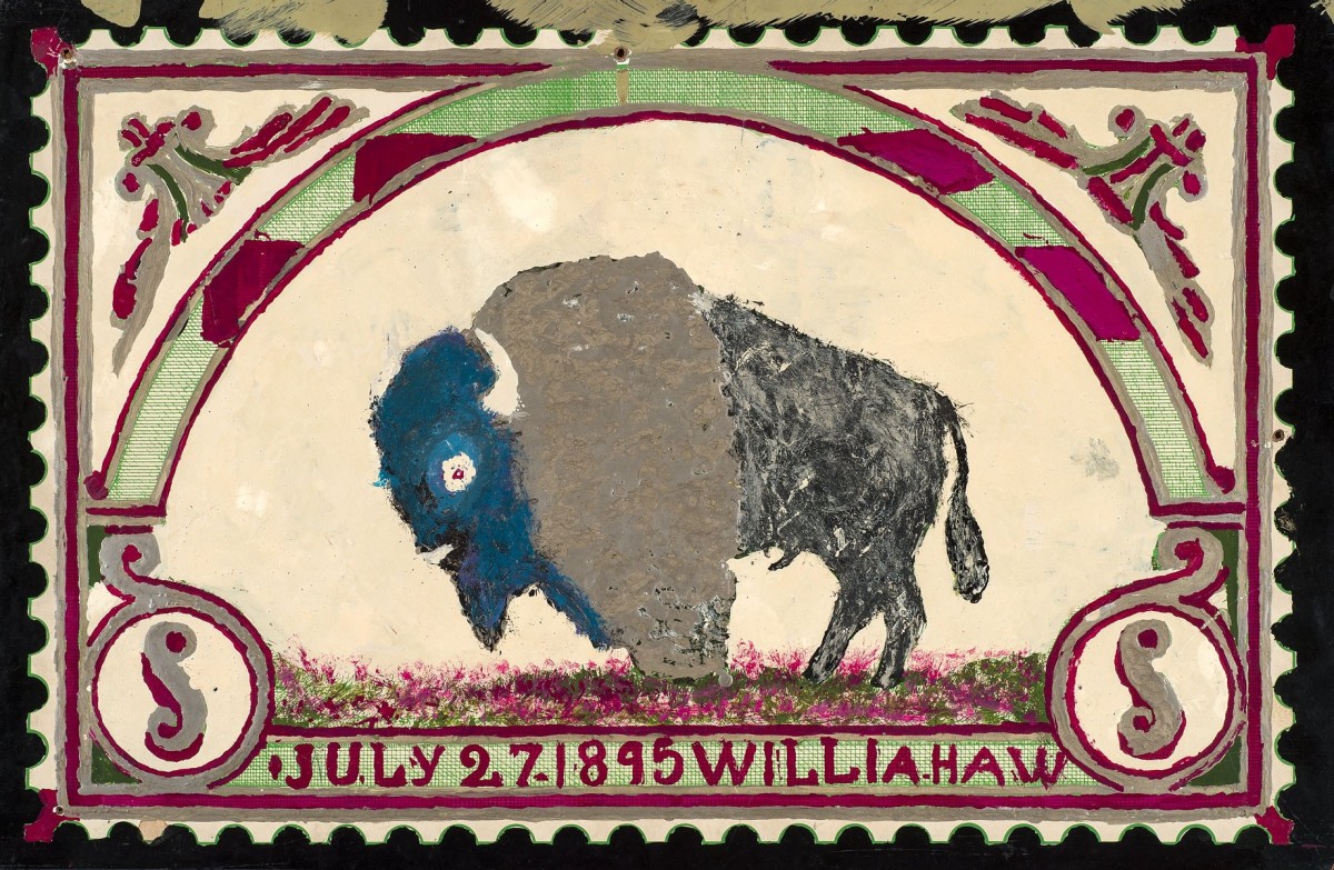 William L. Hawkins (1895 – 1990), Small Buffalo Stamp, 1979, enamel on masonite. Private Collection. Courtesy Ricco/Maresca Gallery New York. Photo by Paul Mutino.